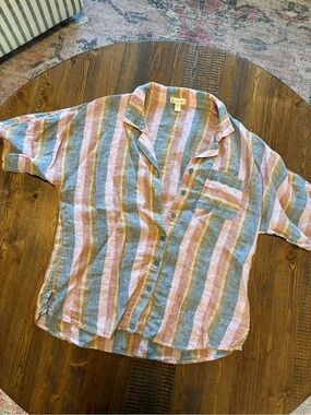 Garnet Hill Striped Linen Camp Collar Shirt in Pink, Blue & Cream